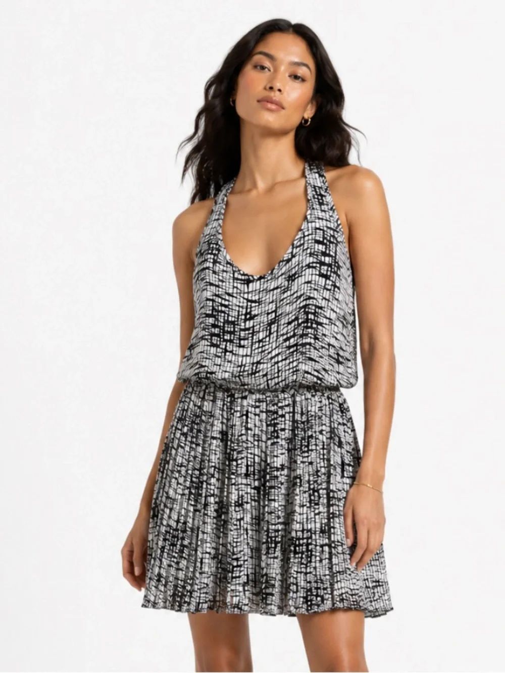 PARKER Black & Beige Patterned Racerback Dress Size M